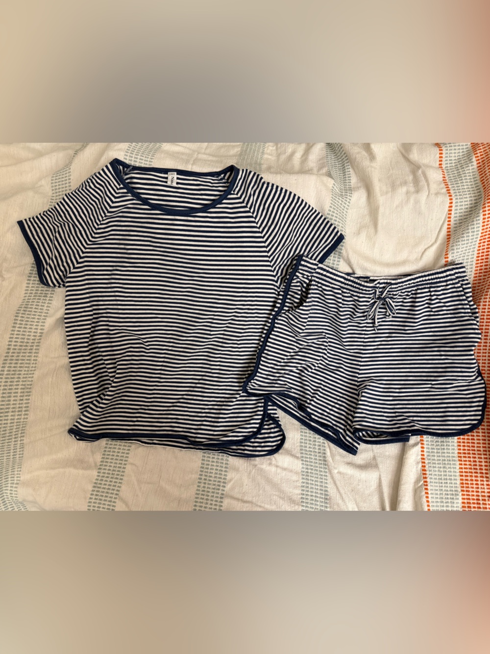 Amazon Navy and White Striped Short Sleeve Pajama Top & Shorts Set
